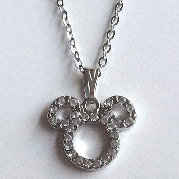 Disney Mickey Mouse Ears Necklace Disneyana Crystal Silver Plated 19" Signed - Picture 2 of 9